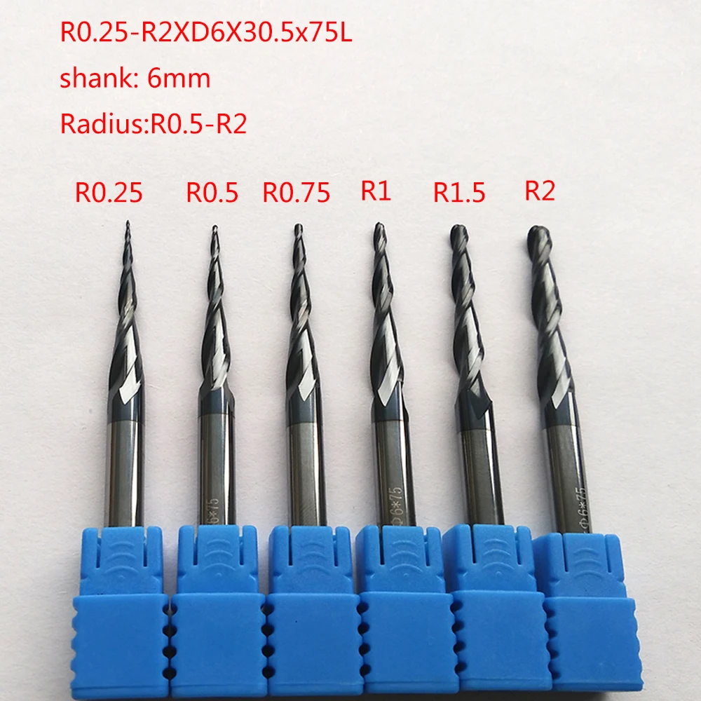 2 unids/lote R0.25/R0.5/R0.75/R1/R1.5/R2x30.5xD6x75 6mm extra alargar de carburo sólido tapered fresas de grabado CNC