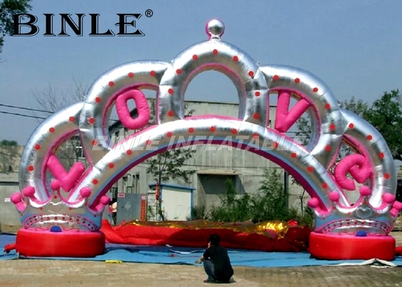 ¡Caliente! Arco inflable gigante Rosa plateado con forma de corona para decoración de cumpleaños de niña