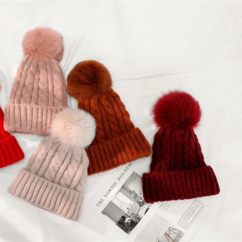 VISROVER 12 colors Autumn winter solid color real acrylic beanies with pompom for man woman cashmere unisex Warm hat wholesales