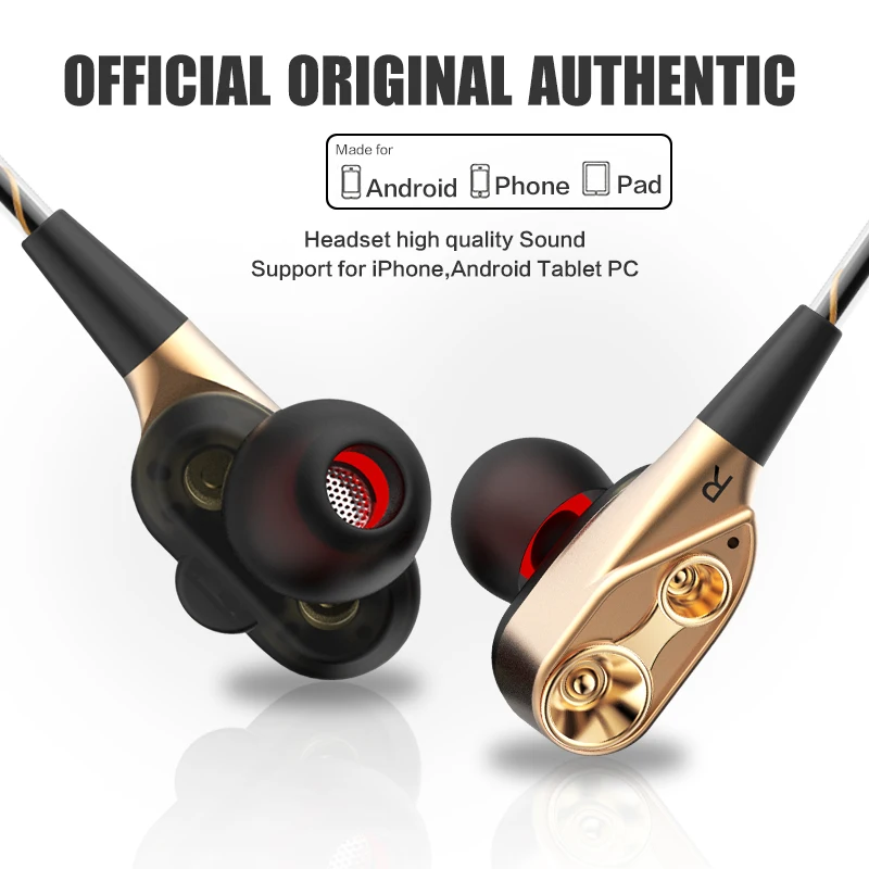 HiFi Wired Earphone Dual-Dynamic Quad-core Speaker 3.5mm In-ear earbuds Flexible Cable with Microphone Sport Running Headset