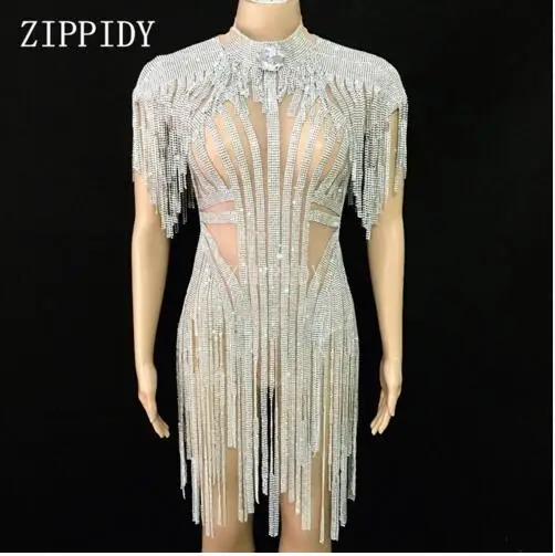 2018 Bling Silver Rhinestones Fringes Bodysuit Birthday Celebrate Costume Female Singer Bling Tassel Leotard Stage Dance Wear