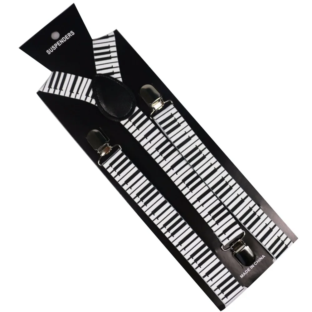 Winfox Unisex Adult Clip-on Suspenders Black White Piano Keyboard Pattern Elastic Y-back Suspenders Braces For Women Men