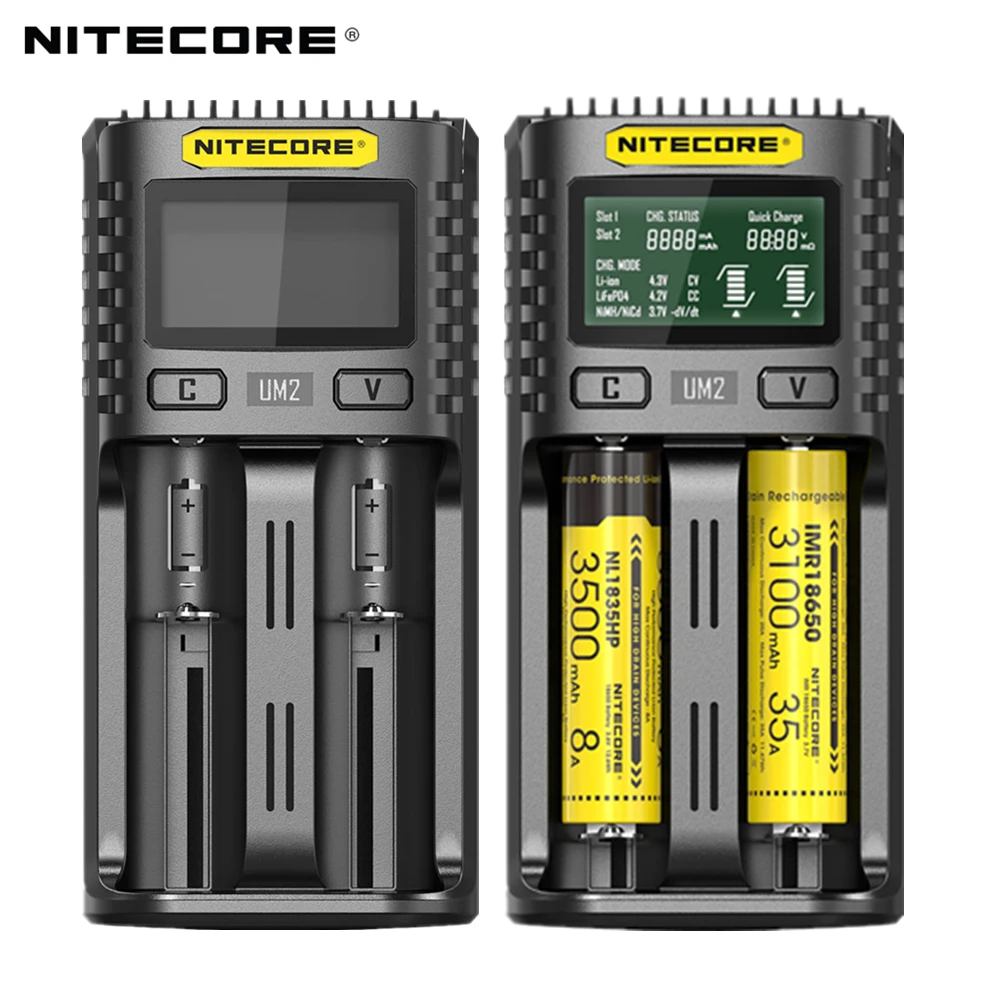 NITECORE UM2 Automatic Universal 3A Quick Charger Intelligent USB Dual-Slot Charger LCD Display Li-ion IMR Battery 18650 21700