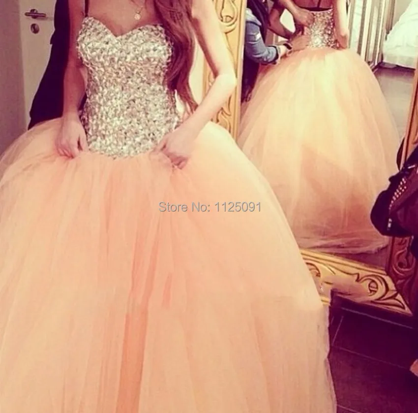 Fast Shipping Gorgeous Sparkly Rhinestone Puffy Tulle Peach Balls Gowns Prom Dresses Debutante Engagement Dress Custom Made