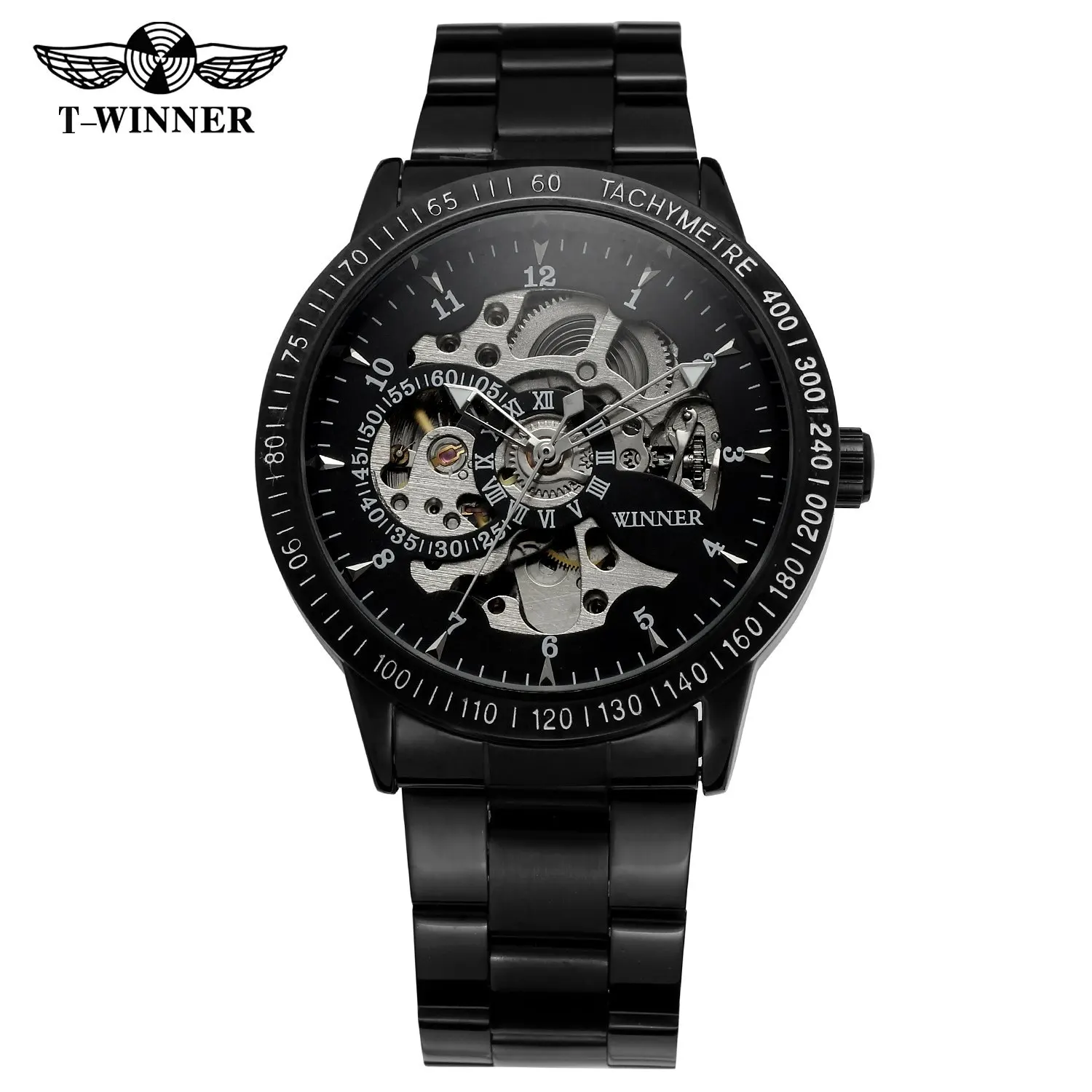 

Top Fashion Winner Brand Vintage Black Steel Stainless Black Dial Men Mechanical Skeleton Watch Men Wristwatch Gift Business