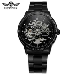 Top Fashion Winner Brand Vintage Black Steel Stainless Black Dial Men Mechanical Skeleton Watch Men Wristwatch Gift Business