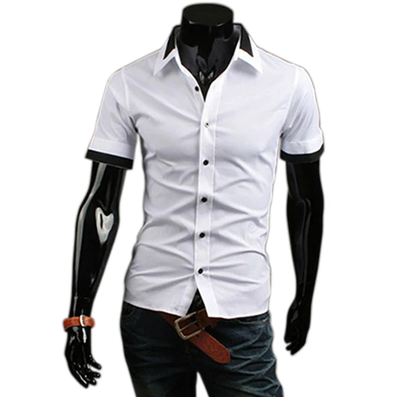 Spring/Summer Mens Dress Shirts False Double Collar Design Slim Fit Casual Short Sleeved Shirt 3 Colors Size:M~XXXL 9063