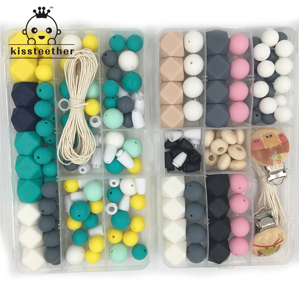 

2pcs Baby Teether Toys Silicone Teething Kit Geometric Hexagon Beads Wooden Pacifier Clip DIY Nursing Necklace