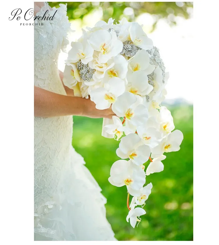 PEORCHID-Bouquet de Patients en Clip Bling, Broches, Jaune Ivoire, Phalaenopsis Rose, Perles de Luxe, Bijoux Cascade, Bouquet de Mariage