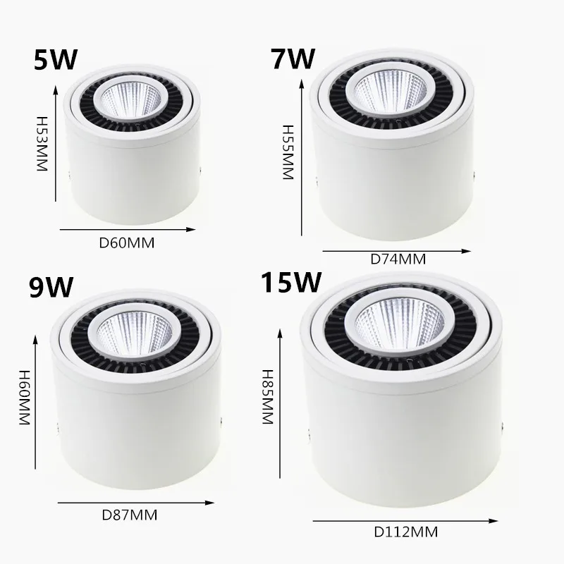 COB LED Downlights 5W 7W 9W 15W Surface Mounted LED Ceiling Lamps Spot Light 360 Degree Rotation LED Downlights Dimmable