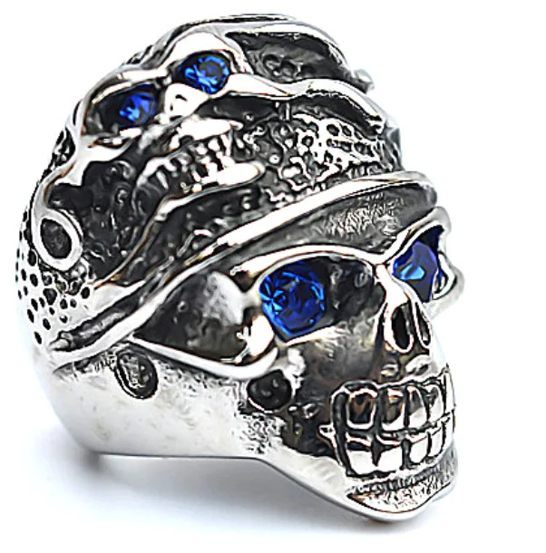 Blue eyes double ghost head ring men's domineering ring European and American punk jewelry free shipping