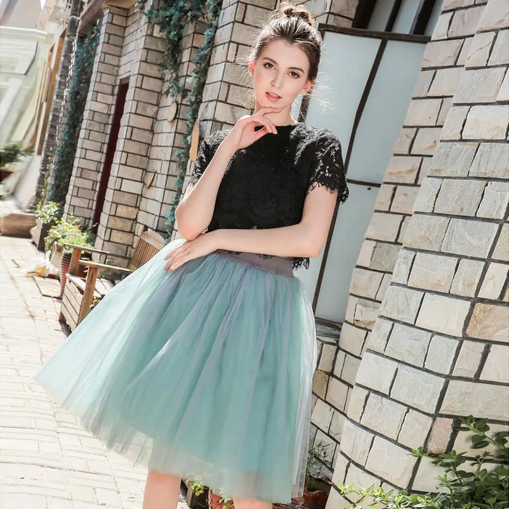 7 Layer 60cm Tulle Skirt Women  Summer A-line Midi Skirts Female High Waist Tutu Pleated Skirts For Women School Sun Skirt