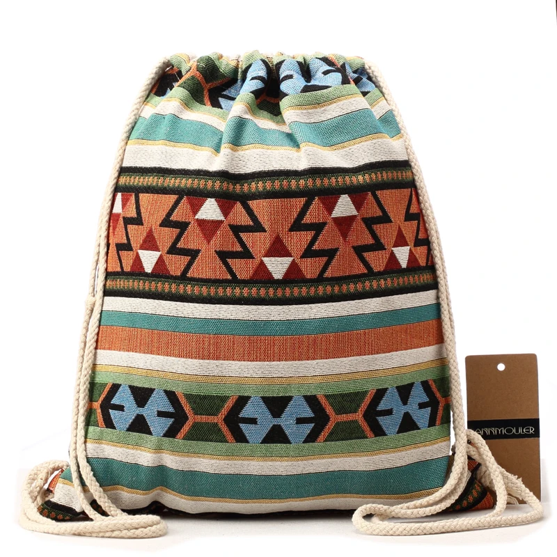 Annmouler Women Vintage Backpack Brand Canvas Shoulder Bag Bohemian Style String Bag Travel Storage Organizer Cotton Tribal Bag