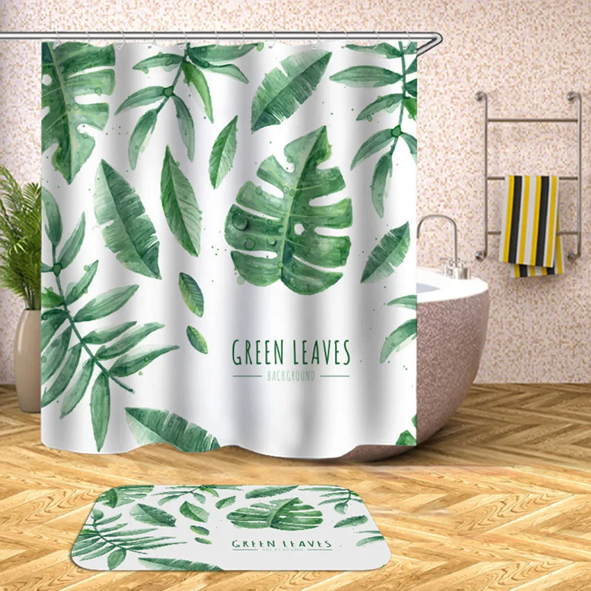 Tropical Plants Shower Curtain Leaves Bath Curtains For Bathroom Bathtub Waterproof Bathing Cover Extra Large Wide 12pcs Hooks