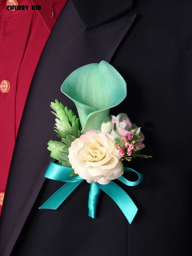 5pcs/lot ! Nice groom groomsmen corsages Calla Lily boutonnieres bridal wrist flowers Bridesmaid hand flowers Tiffany blue pink