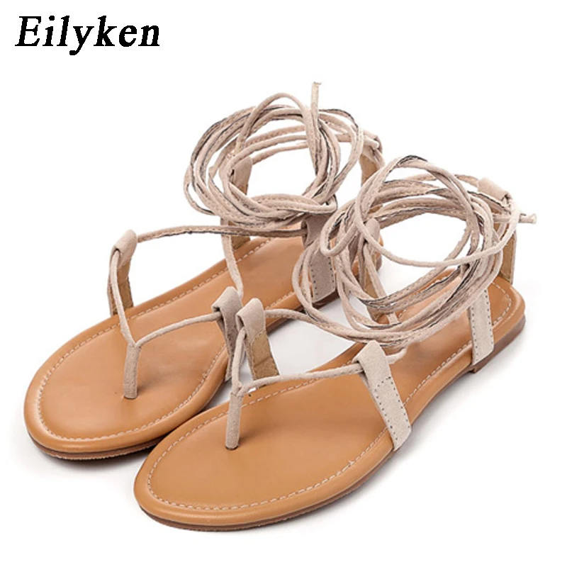 Eilyken Designer Ankle Strappy Flat Heels Women Sandals 2024 Summer Clip Toe Casual Roman Gladiator Flip Flops Shoes