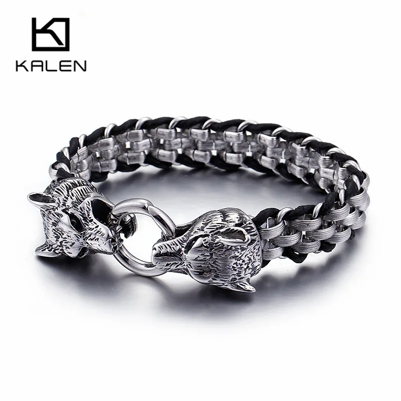 

KALEN Punk Wolf Charm Bracelets Men Animal Stainless Steel Pulseira Masculina Leather Wristband Boho Snake Trendy Jewelry Gift