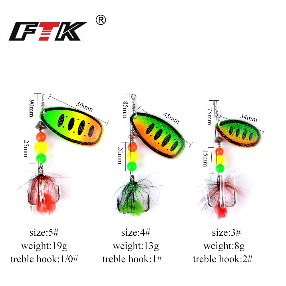 FTK Spinner Bait Fishing Lure 8g 13g 19g Metal Spoon Lures Hard Bait With Feather Treble Hooks Wobblers Bass Pike Tackle