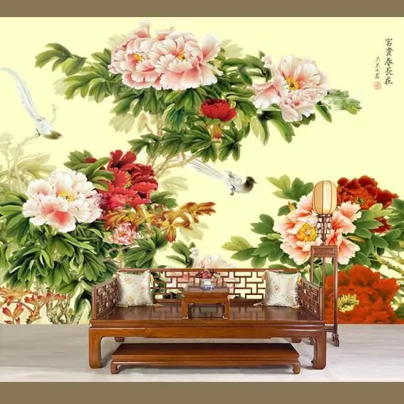 Hot sales Classic elegant Hand-painted silk wallpaper painting flowers with birds wallcovering many arts and background optional