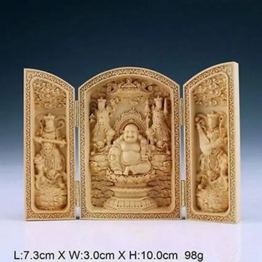 Exquisite Chinese Handwork Carved Boxwood Buddha Statue Amulet Auspicious Box