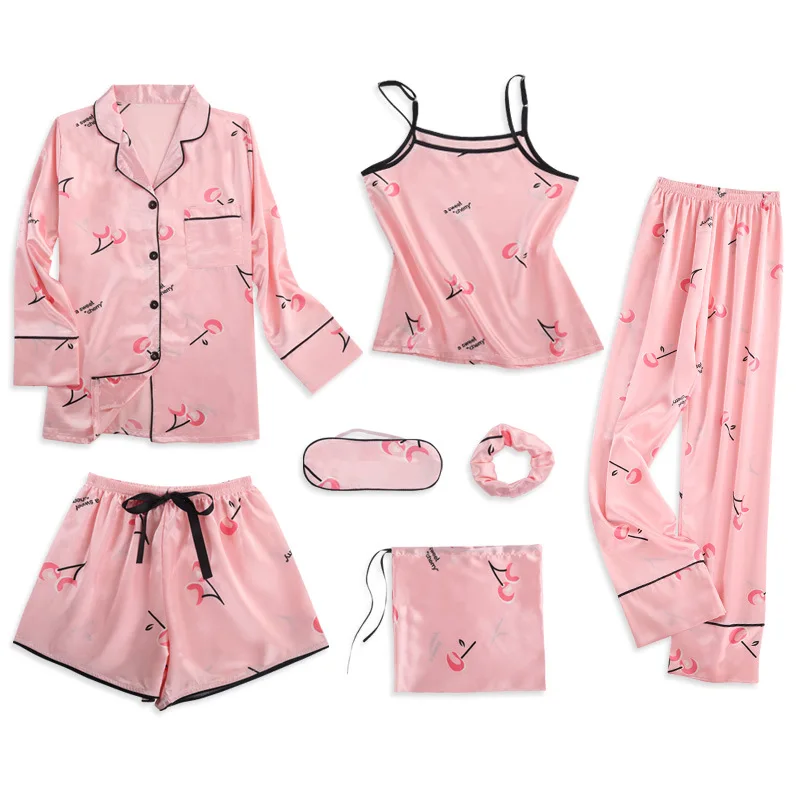 Kayış pijama Pyjamas amalar kadın 7 adet pembe pijama setleri saten ipek iç çamaşırı ev tekstili pijama Set kadın için Pijamas