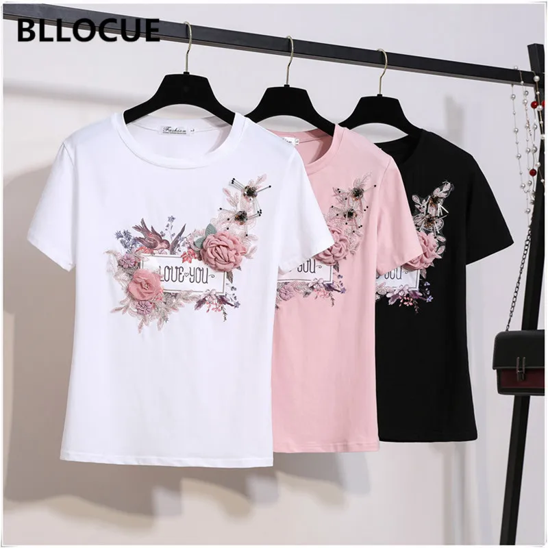 

BLLOCUE 2023 Summer Women T shirt Birds Floral Embroidery T shirt O Neck Short Sleeve Flower Sequined White Black Pink Tops