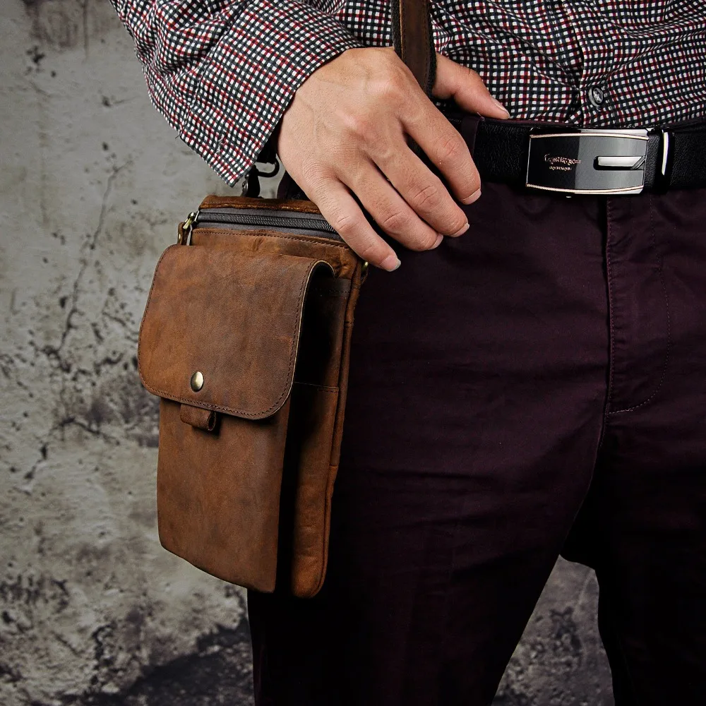 Original Leather Male Casual Design Shoulder Messenger Crossbody bag Brown Multifunction Fashion Travel Belt Waist bag Men 8302