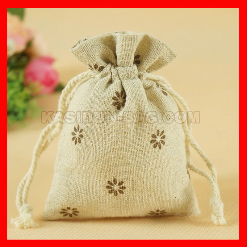 100pieces/lot wholesale printed draw string linen gift bag