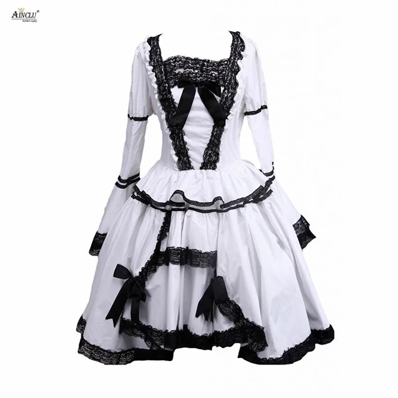 

Middle-Long Dress Ainclu Womens Black And White Lace Trimmed Gothic A-line Lolita Cosplay Dress for Casual/Party/Halloween