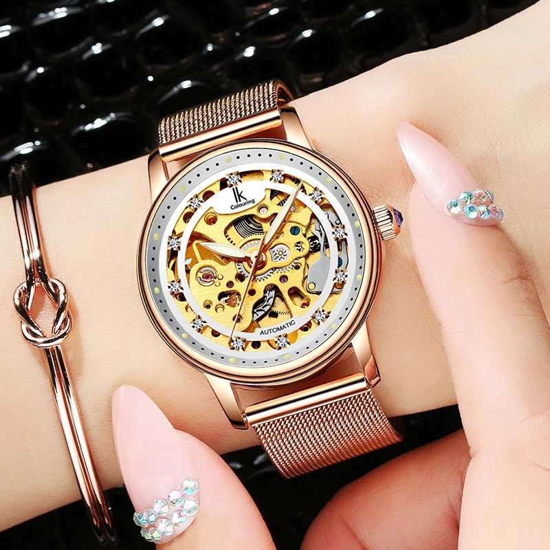 IK Colouring Ladies Wristwatch Automatic Stainless Steel Band Female Clock Mechanical Skeleton Rhinestone Women Watch