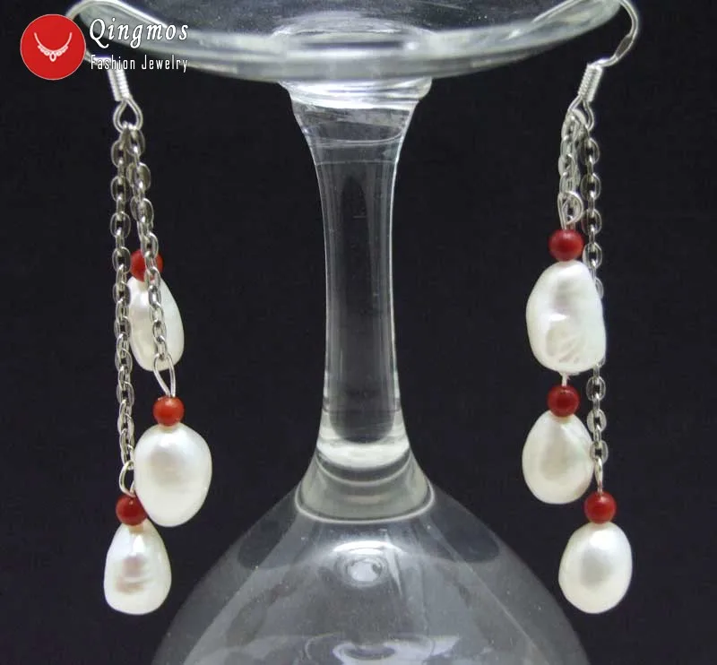 Qingmos 7-9mm Baroque Natural Freshwater White Pearl Earring for Women with 3 Pieces Pearl Dangle Earring Jewelry 2
