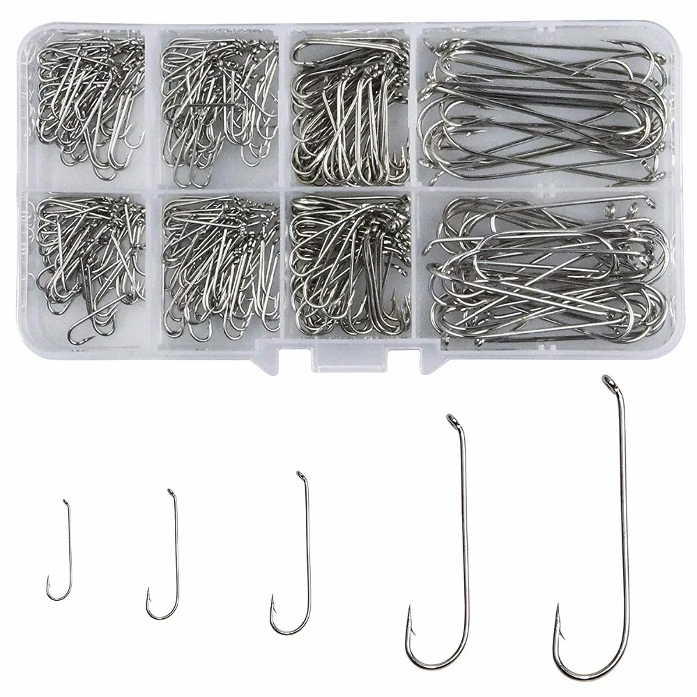 350pcs 79580 High Carbon Steel Fishing Hooks White Long Shank Streamer Dry Fly Tying Fishing Hook Jig Set Box