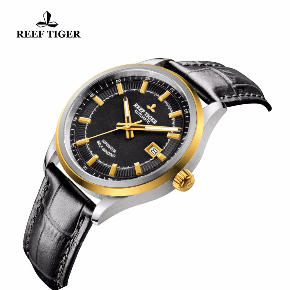 Reef Tiger Dress Men Automatic Mechanical Watch Steel Yellow Gold Miyota 9015 Super Luminous Business Clock with Date RGA8015