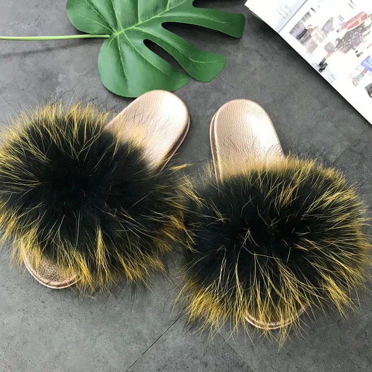 2019 real Red Raccoon Fur Sandals Women Slides Fox Hair Flat Fluffy Fashion Home Summer Big Size Natural Furry Flip Flops Shoes