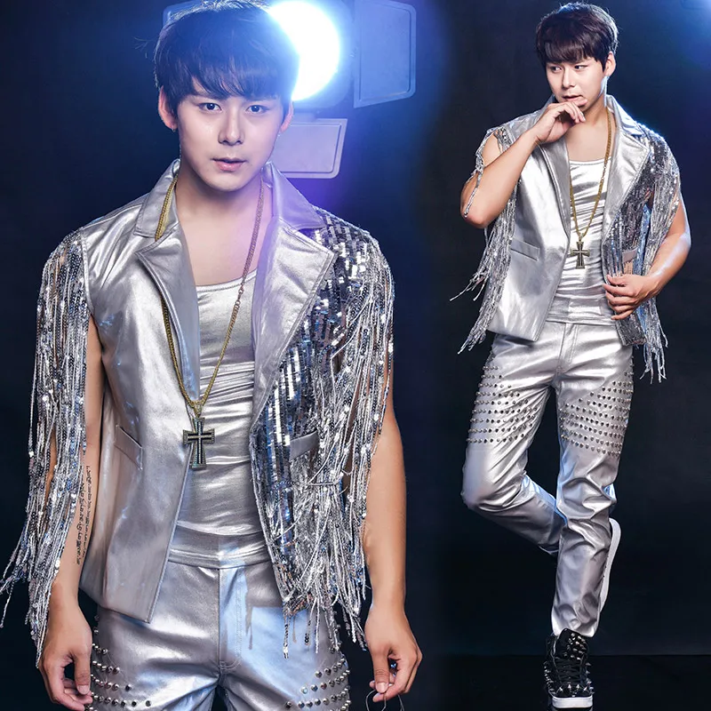 Silver Jazz Dance Costume Sequin Stage Wear For Nightclub Men Singers Tassel DJ DS Hip Hop Gogo Performance Clothing DNV10461