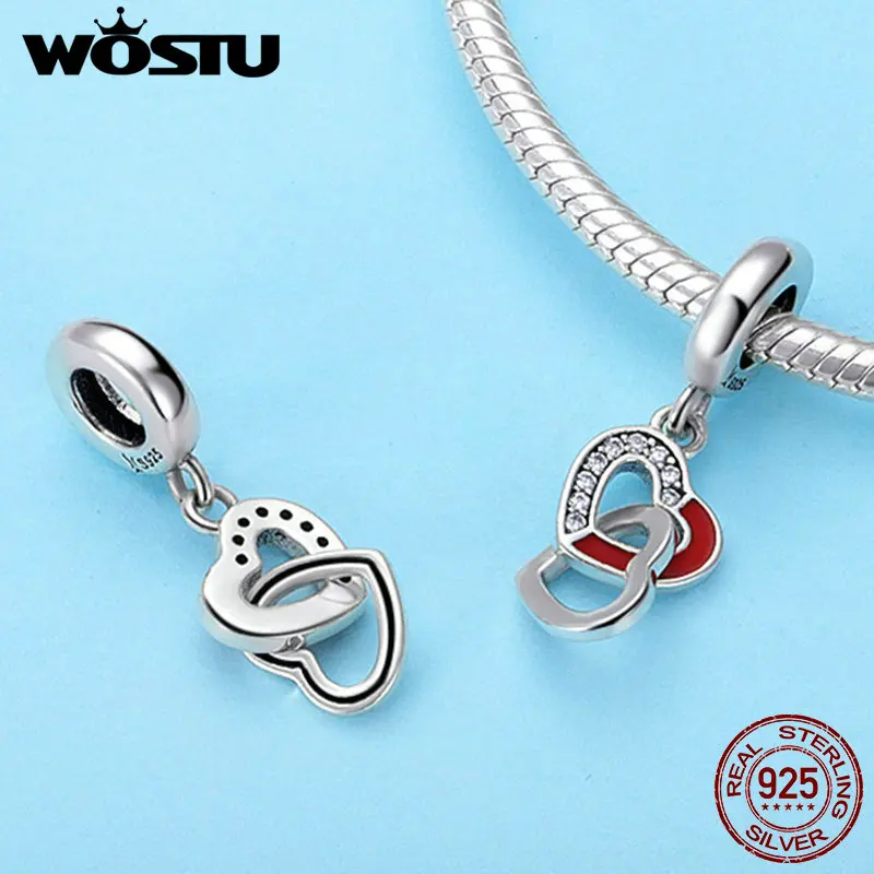 WOSTU Real 925 Sterling Silver Intertwined Hearts Pendant Charm fit Beads Bracelet Necklace DIY Jewelry Lover Gift FIC735