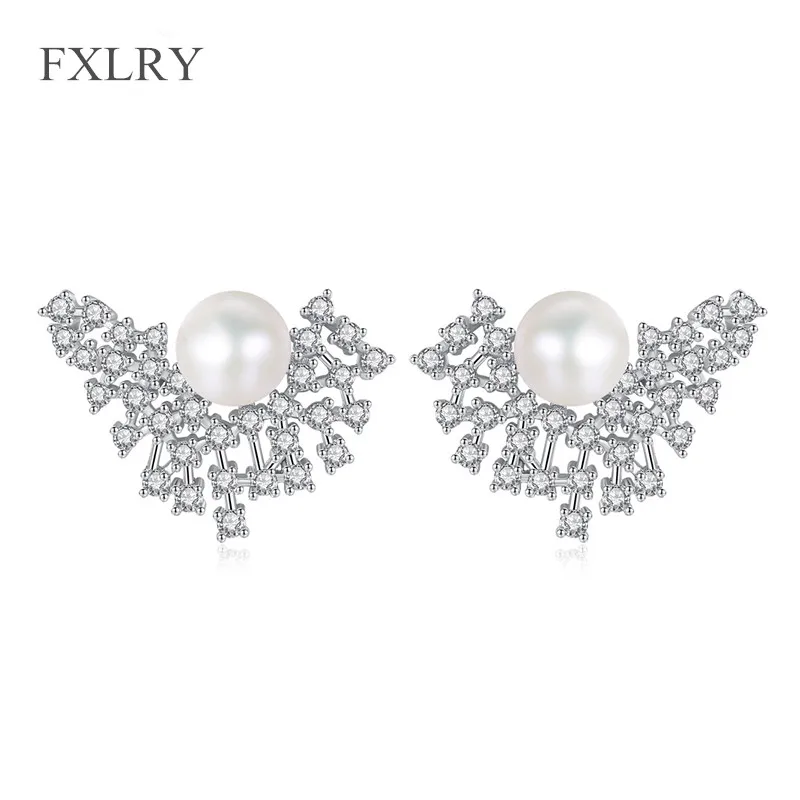 

FXLRY Real Natural Pearls Jewelry Earrings Elegant Silver color Women Stud Zircon Earring High Luster Pearl White Color