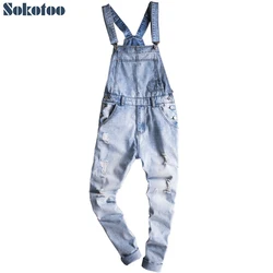 Men's light blue slim snow washed denim bib overalls for tall big Plus size hole ripped suspenders jumpsuits Cargo torn jeans
