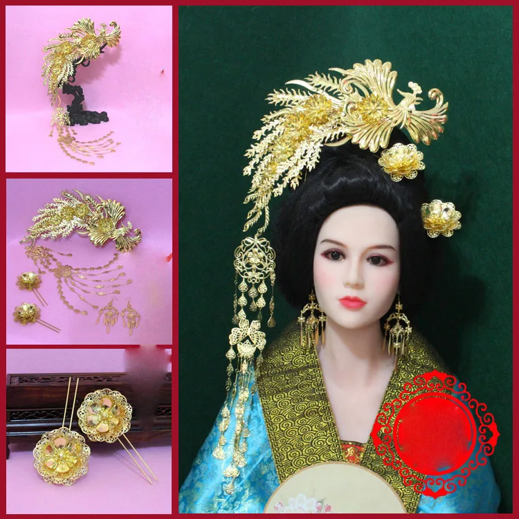 

A242 Big Phoenix Flying Through Peony Empress Hair Accessory Set Long Tassel Hair Sticks Big Phoenix Tiara Hair Jewelry Set