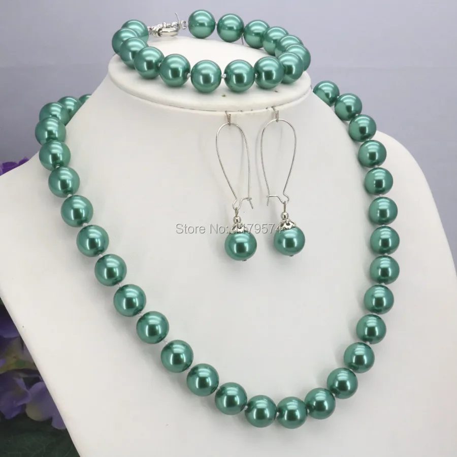 New Arrival Christmas Gifts Girls 12mm Green Round Shell Pearl Beads Necklace Bracelet Earrings Sets Jewelry Making Design Women