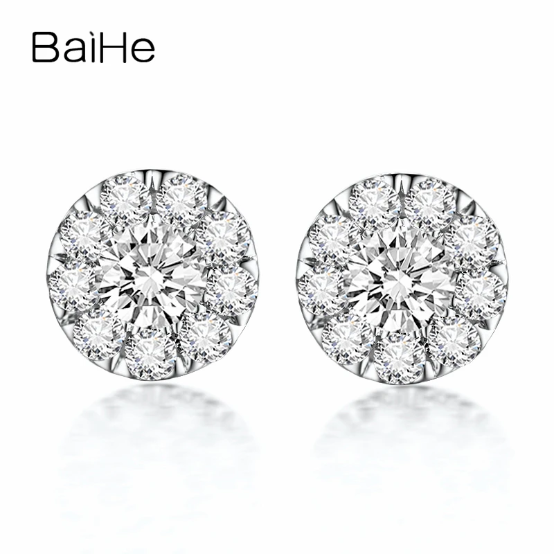 

BAIHE Solid 18K White Gold 0.16CT H/SI Natural Diamonds Earrings Wedding Trendy Fine Jewelry Round Stud Earrings Women Man