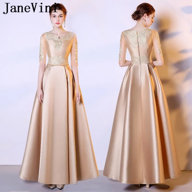 

JaneVini Gold Long Bridesmaid Dresses with Half Sleeves A Line Jewel Lace Appliques Satin Floor Length Robe De Fille D'honneur