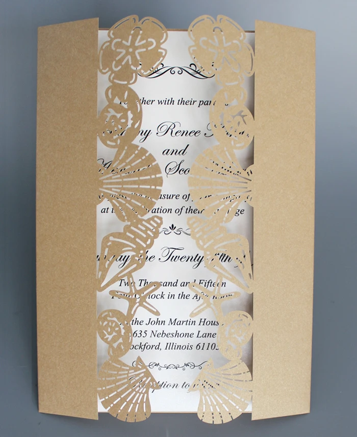 Beach Wedding Invitation with Shell Starfish, Gold Birthday Invitation, Seaside Invitation - Set of 50