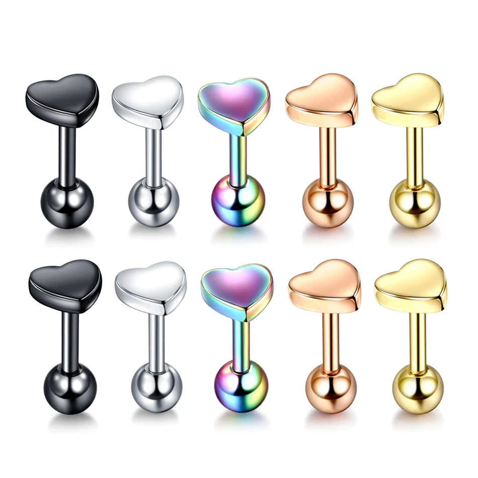 2pcs/lot Lovely Heart Stud Earrings Tragus Barbell Piercings Orelha Cartilagem Conch Helix Stud Ear Piercings Jewelry