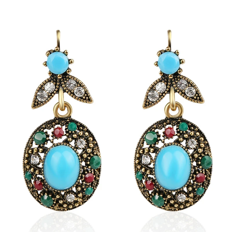 Indian Gold Statement Earrings For Women Vintage Boho Big Red Blue Stone Clip On Earings Fashion Turkish Jewelry 2018