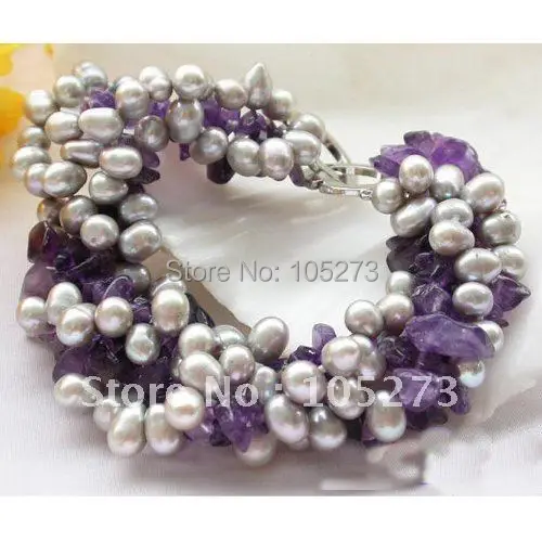 

3Row 8inchs Gray Color Rice Shaper Pearl Drip Faceted Amethyst Bracelet AA 6-7MM Fashion Pearl Bracelet Wholesale FN1536