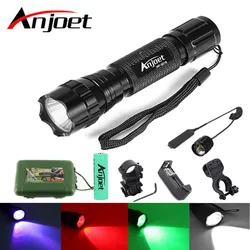 Anjoet-linterna táctica XM-L T6/Q5 LED, 1 modo, multicolor, luz blanca/Verde/azul/roja, batería 18650 para caza