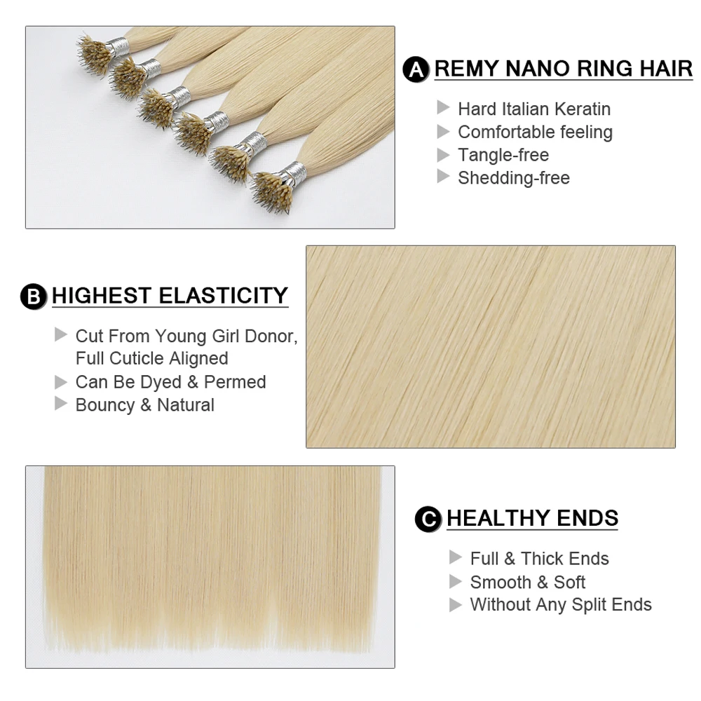 Fairy Remy ผม Nano แหวน Tip Micro ลูกปัด Real Remy ธรรมชาติยุโรปผมต่อมนุษย์ไฮไลต์16-22นิ้ว0.8G/Strand