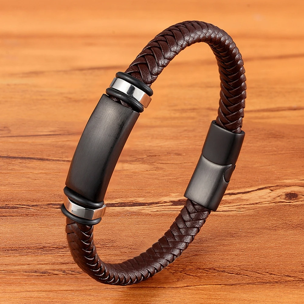 

TYO Custom Stainless Steel Black Matte Metal Charm Men's Handmade Braided Real Leather Boyfriend Bracelet with Magnetic Clasp