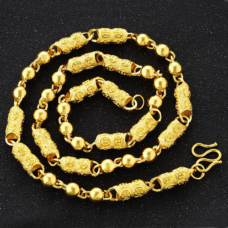 OMHXFC Wholesale European Fashion Man Male Party Wedding Gift Long 60cm Dragon Bead Cylinder  Real 24KT Gold Chain Necklace NL45